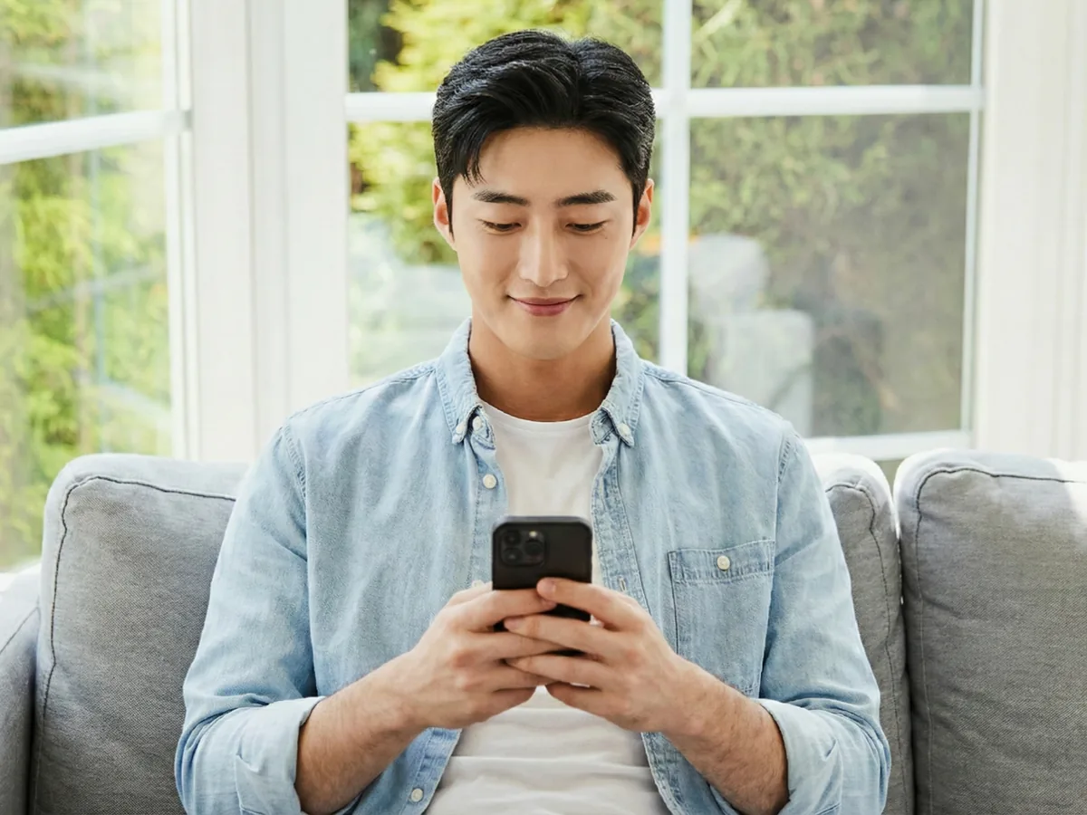 소파에서 스마트폰으로 한도 조회 화면을 확인하는 모습
