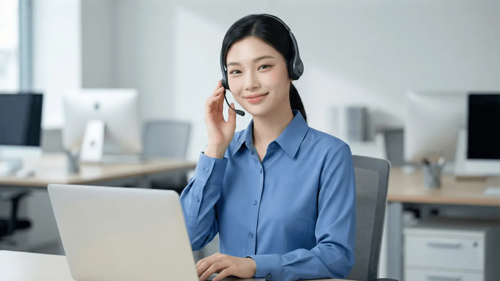 상담원이 노트북 앞에서 KT 소액결제한도 문의를 확인하는 모습